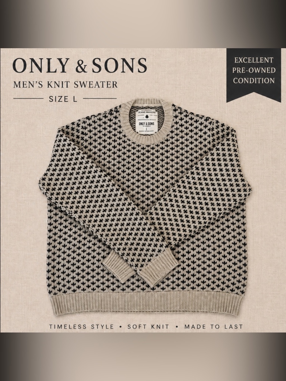 ONLY & SONS Beige and Black Patterned Crewneck Sweater